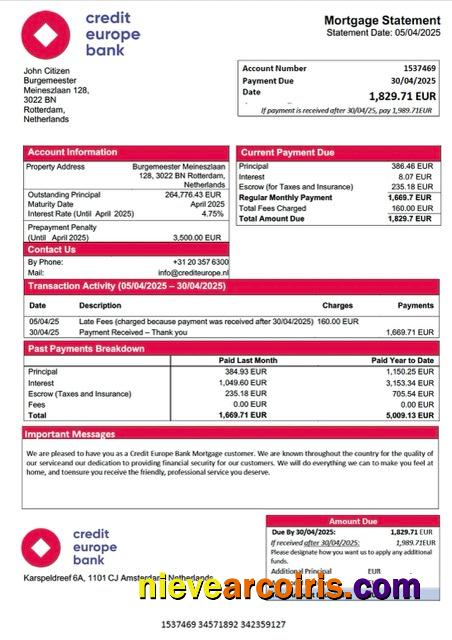 Netherlands Credit Europe Bank mortgage statement Word and PDF template